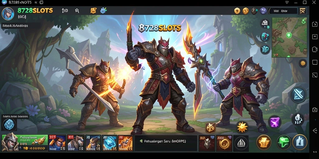 Tangkapan layar gameplay 8728SLOTS yang menunjukkan pertarungan epik dalam dunia MMORPG.