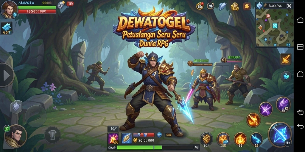 Screenshot utama DEWATOGEL menampilkan pertempuran epik di dunia fantasi.