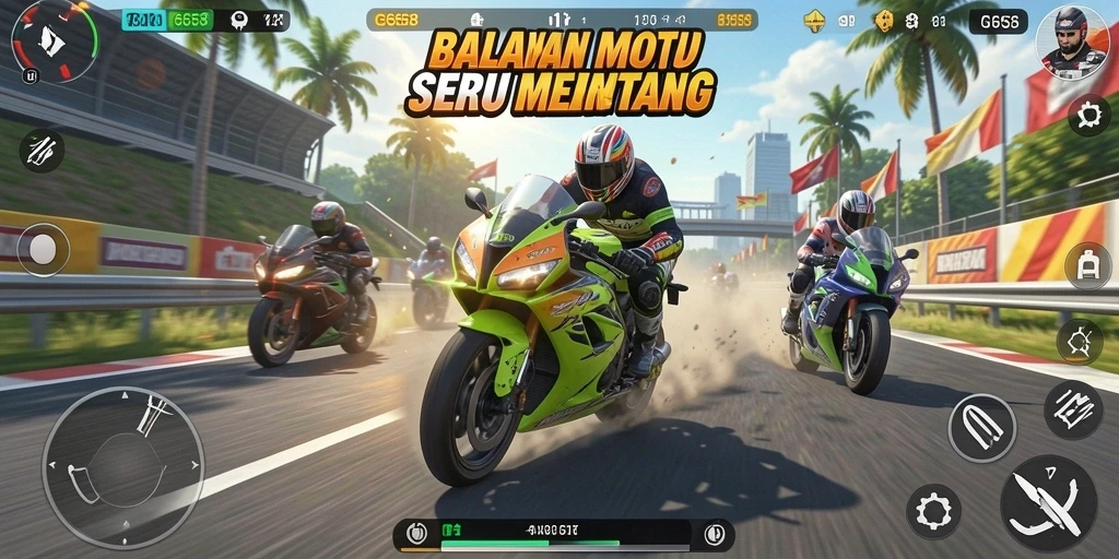 Tampilan gameplay balapan motor yang seru dan kompetitif.