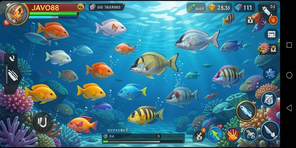 Tampilan aksi seru saat menembak ikan di bawah laut.