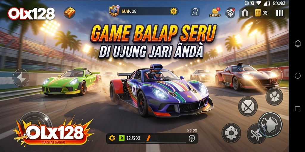 Screenshot menampilkan balapan mendebarkan dalam OLX128 dengan grafik realistis.