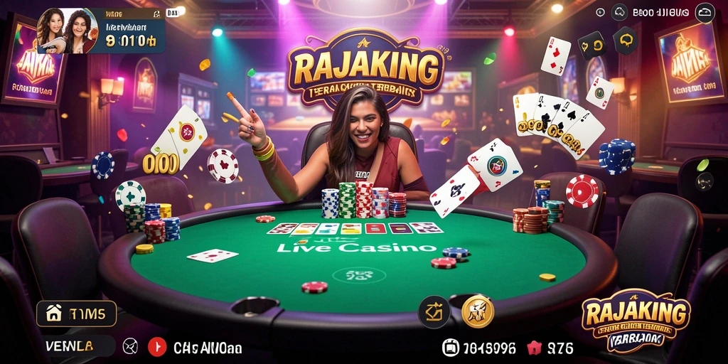 Screenshot RAJAKING menunjukkan dealer yang ramah dan permainan Live Casino seru.