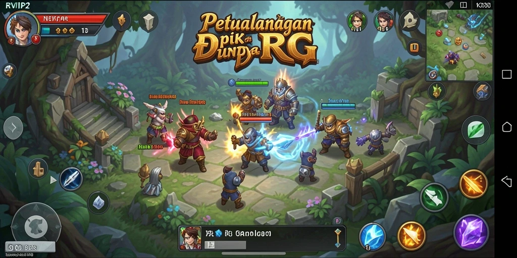 Screenshot menunjukkan karakter utama dalam pertempuran epik di dunia RPG.