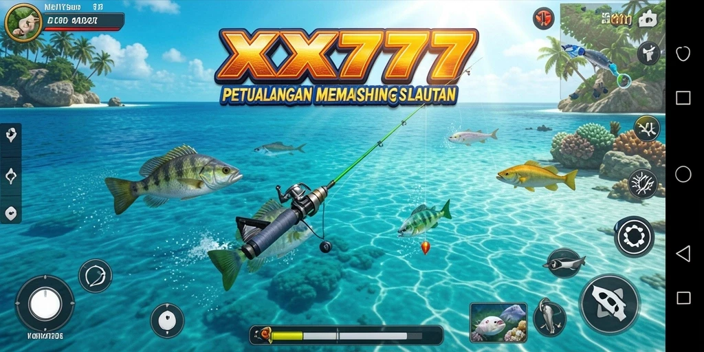 Screenshot game XXX777 menunjukkan pemain menangkap ikan besar di tengah lautan.