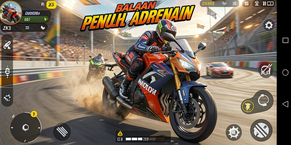 Tampilan gameplay ZK3 yang menampilkan aksi balapan motor yang mendebarkan.